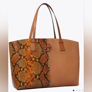 Tory Burch McGraw exotic tote bag leather suede brown caramel purse snake skin